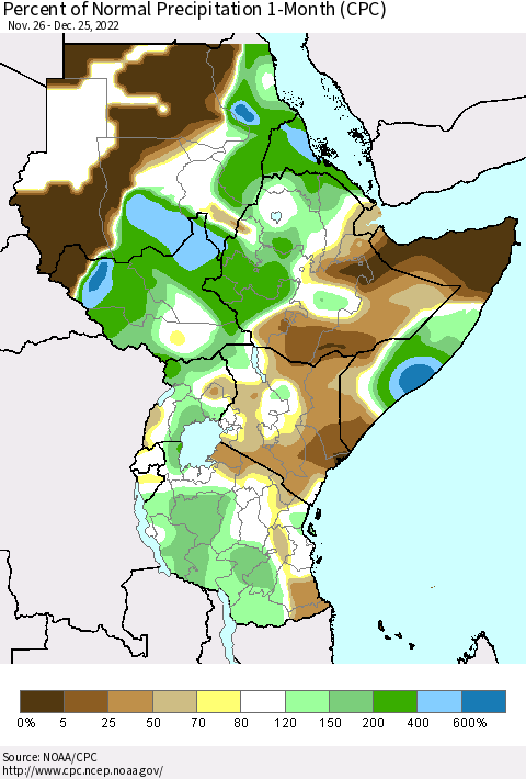Eastern Africa Percent of Normal Precipitation 1-Month (CPC) Thematic Map For 11/26/2022 - 12/25/2022