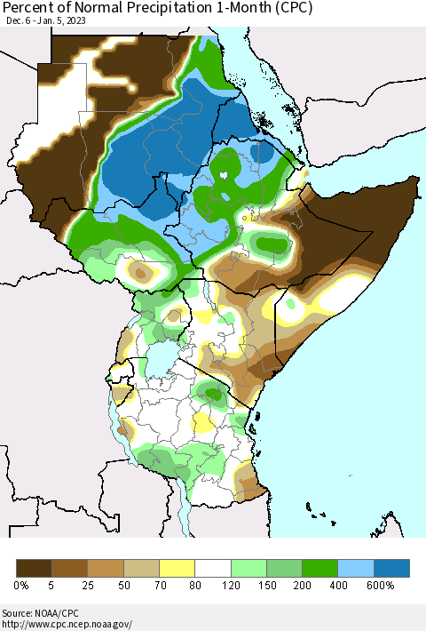 Eastern Africa Percent of Normal Precipitation 1-Month (CPC) Thematic Map For 12/6/2022 - 1/5/2023