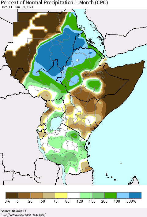 Eastern Africa Percent of Normal Precipitation 1-Month (CPC) Thematic Map For 12/11/2022 - 1/10/2023