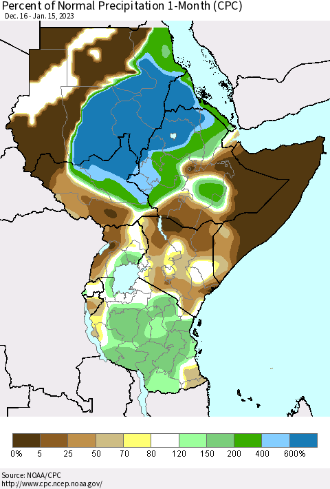 Eastern Africa Percent of Normal Precipitation 1-Month (CPC) Thematic Map For 12/16/2022 - 1/15/2023