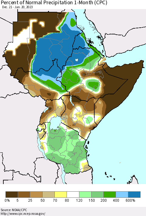 Eastern Africa Percent of Normal Precipitation 1-Month (CPC) Thematic Map For 12/21/2022 - 1/20/2023