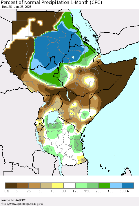 Eastern Africa Percent of Normal Precipitation 1-Month (CPC) Thematic Map For 12/26/2022 - 1/25/2023