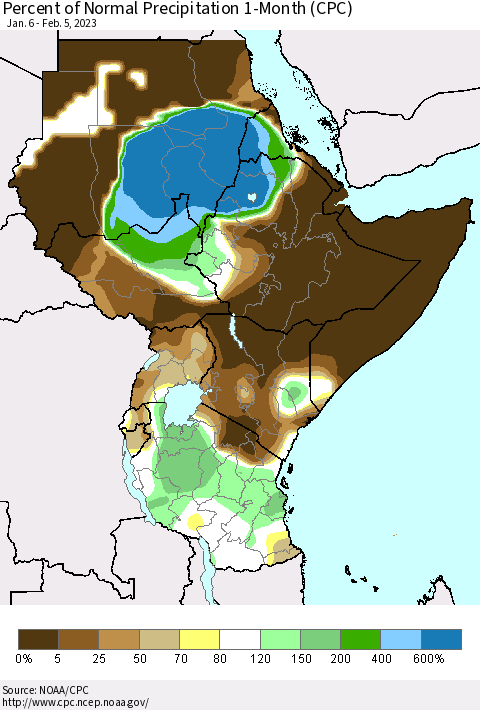 Eastern Africa Percent of Normal Precipitation 1-Month (CPC) Thematic Map For 1/6/2023 - 2/5/2023