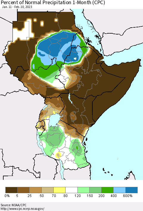 Eastern Africa Percent of Normal Precipitation 1-Month (CPC) Thematic Map For 1/11/2023 - 2/10/2023