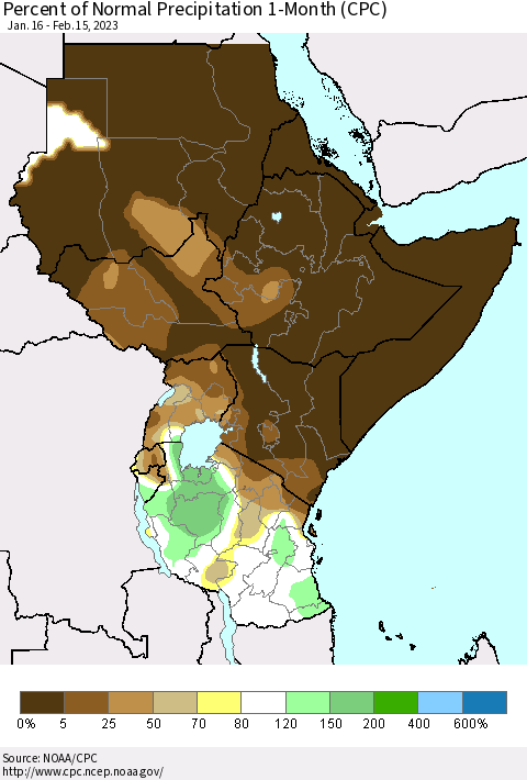 Eastern Africa Percent of Normal Precipitation 1-Month (CPC) Thematic Map For 1/16/2023 - 2/15/2023