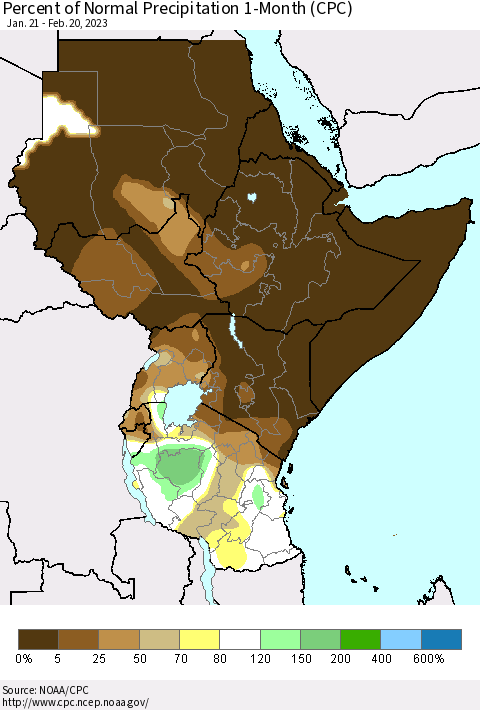 Eastern Africa Percent of Normal Precipitation 1-Month (CPC) Thematic Map For 1/21/2023 - 2/20/2023