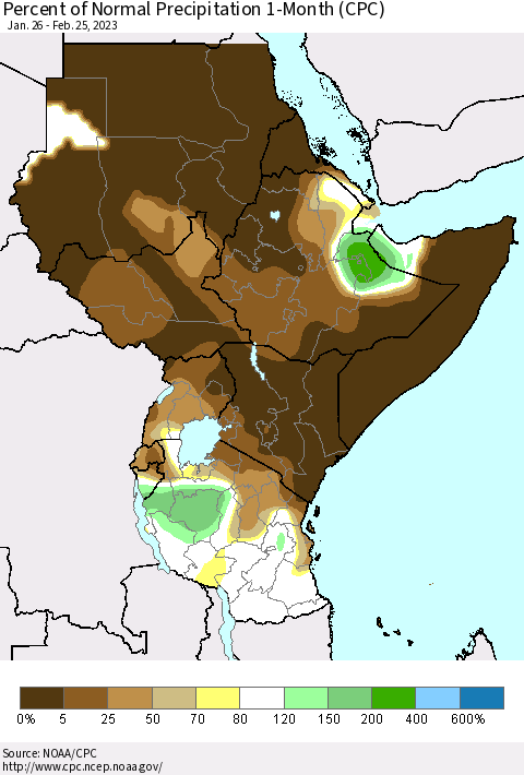 Eastern Africa Percent of Normal Precipitation 1-Month (CPC) Thematic Map For 1/26/2023 - 2/25/2023