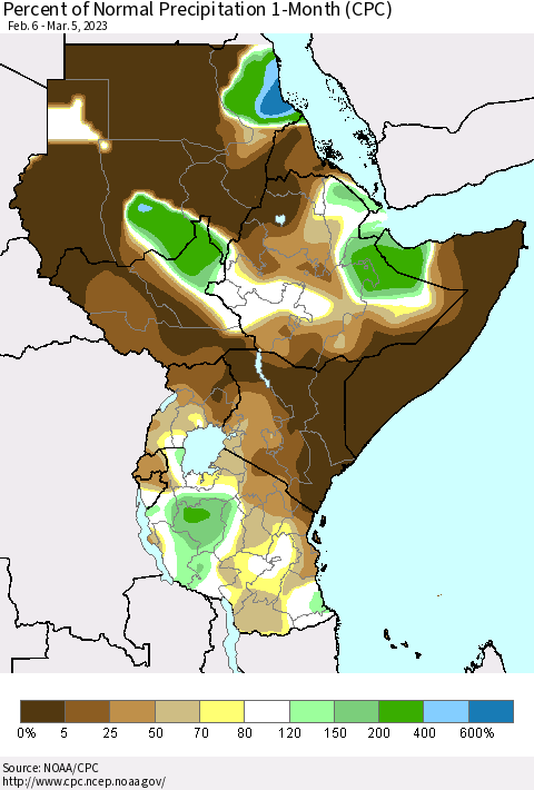 Eastern Africa Percent of Normal Precipitation 1-Month (CPC) Thematic Map For 2/6/2023 - 3/5/2023