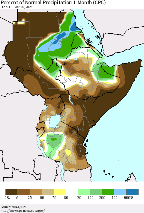 Eastern Africa Percent of Normal Precipitation 1-Month (CPC) Thematic Map For 2/11/2023 - 3/10/2023