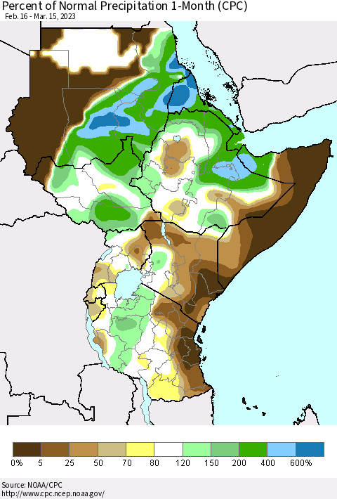 Eastern Africa Percent of Normal Precipitation 1-Month (CPC) Thematic Map For 2/16/2023 - 3/15/2023