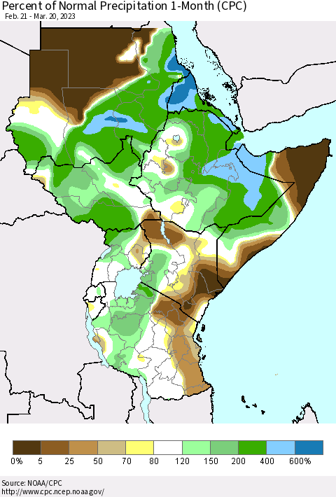 Eastern Africa Percent of Normal Precipitation 1-Month (CPC) Thematic Map For 2/21/2023 - 3/20/2023