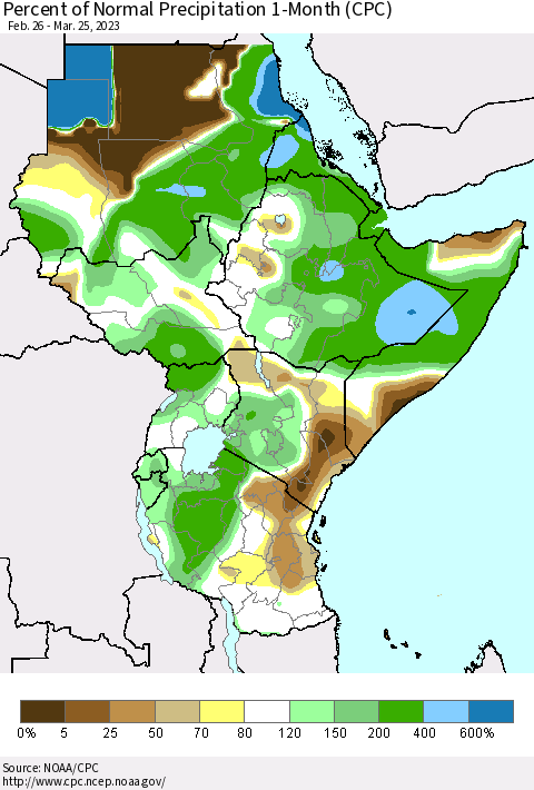 Eastern Africa Percent of Normal Precipitation 1-Month (CPC) Thematic Map For 2/26/2023 - 3/25/2023