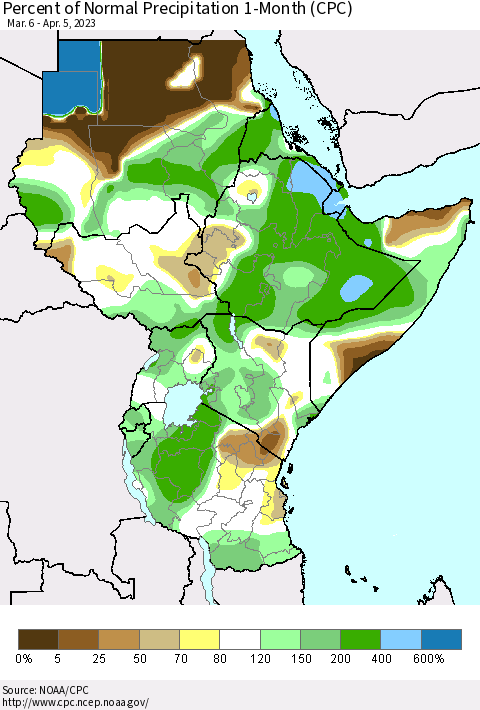 Eastern Africa Percent of Normal Precipitation 1-Month (CPC) Thematic Map For 3/6/2023 - 4/5/2023