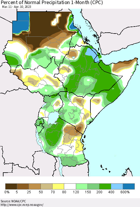 Eastern Africa Percent of Normal Precipitation 1-Month (CPC) Thematic Map For 3/11/2023 - 4/10/2023