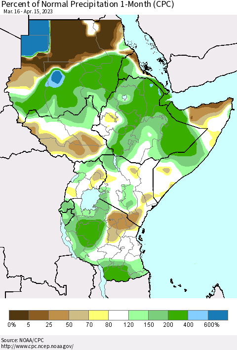 Eastern Africa Percent of Normal Precipitation 1-Month (CPC) Thematic Map For 3/16/2023 - 4/15/2023