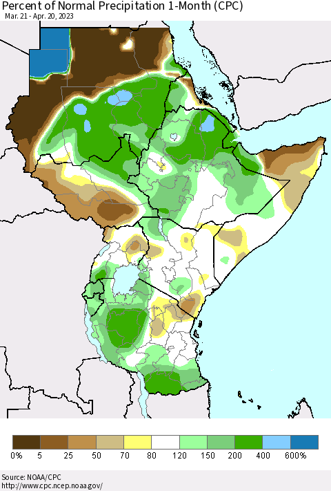 Eastern Africa Percent of Normal Precipitation 1-Month (CPC) Thematic Map For 3/21/2023 - 4/20/2023