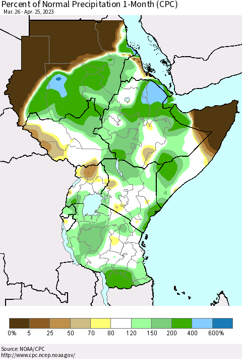 Eastern Africa Percent of Normal Precipitation 1-Month (CPC) Thematic Map For 3/26/2023 - 4/25/2023