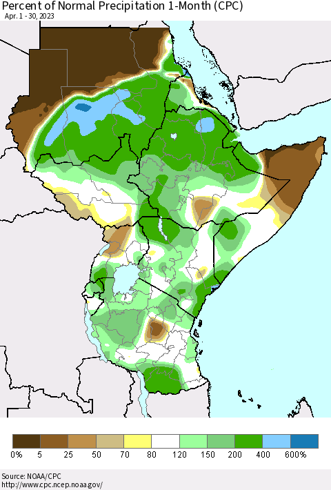Eastern Africa Percent of Normal Precipitation 1-Month (CPC) Thematic Map For 4/1/2023 - 4/30/2023