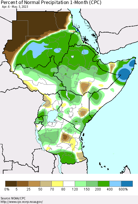 Eastern Africa Percent of Normal Precipitation 1-Month (CPC) Thematic Map For 4/6/2023 - 5/5/2023