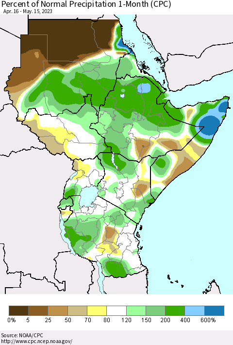 Eastern Africa Percent of Normal Precipitation 1-Month (CPC) Thematic Map For 4/16/2023 - 5/15/2023