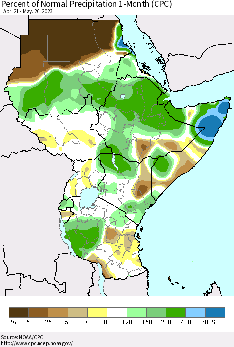 Eastern Africa Percent of Normal Precipitation 1-Month (CPC) Thematic Map For 4/21/2023 - 5/20/2023