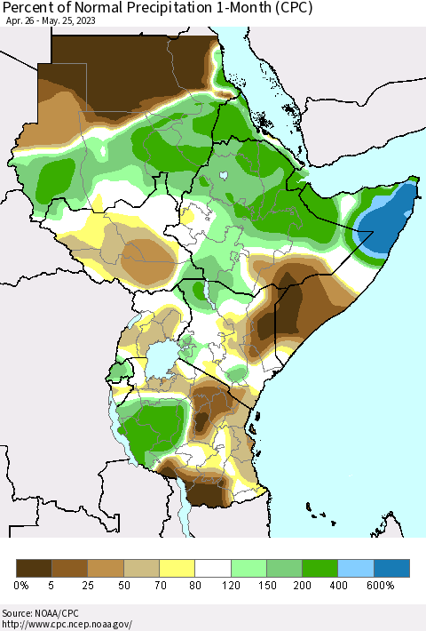 Eastern Africa Percent of Normal Precipitation 1-Month (CPC) Thematic Map For 4/26/2023 - 5/25/2023