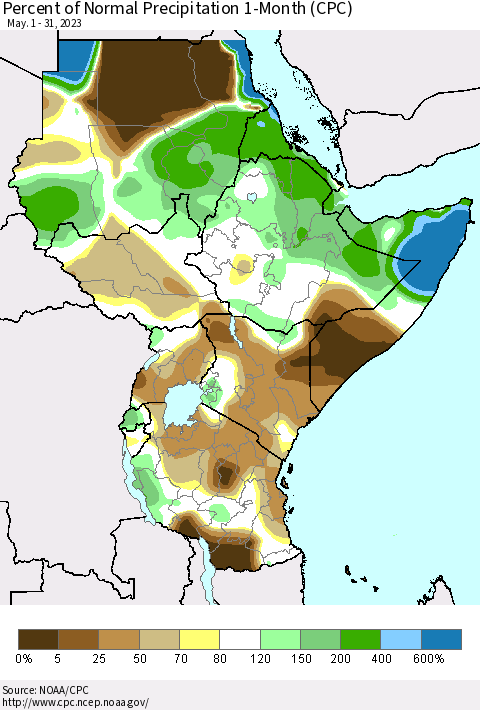 Eastern Africa Percent of Normal Precipitation 1-Month (CPC) Thematic Map For 5/1/2023 - 5/31/2023
