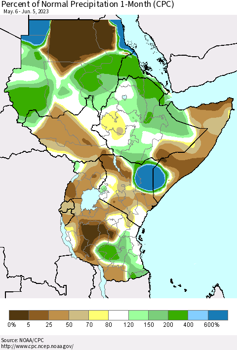 Eastern Africa Percent of Normal Precipitation 1-Month (CPC) Thematic Map For 5/6/2023 - 6/5/2023