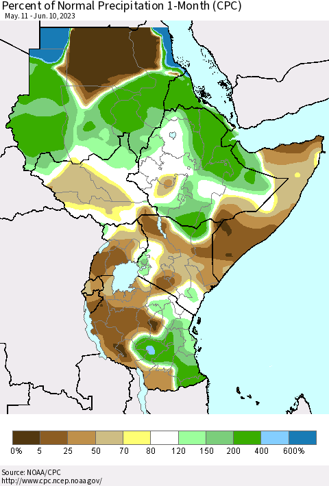 Eastern Africa Percent of Normal Precipitation 1-Month (CPC) Thematic Map For 5/11/2023 - 6/10/2023