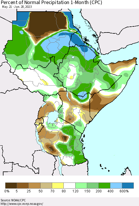 Eastern Africa Percent of Normal Precipitation 1-Month (CPC) Thematic Map For 5/21/2023 - 6/20/2023