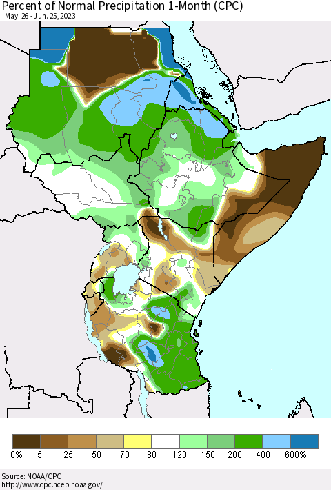 Eastern Africa Percent of Normal Precipitation 1-Month (CPC) Thematic Map For 5/26/2023 - 6/25/2023