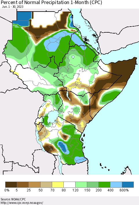 Eastern Africa Percent of Normal Precipitation 1-Month (CPC) Thematic Map For 6/1/2023 - 6/30/2023