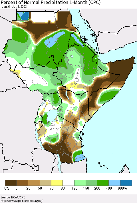Eastern Africa Percent of Normal Precipitation 1-Month (CPC) Thematic Map For 6/6/2023 - 7/5/2023