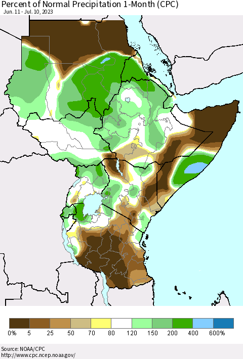 Eastern Africa Percent of Normal Precipitation 1-Month (CPC) Thematic Map For 6/11/2023 - 7/10/2023