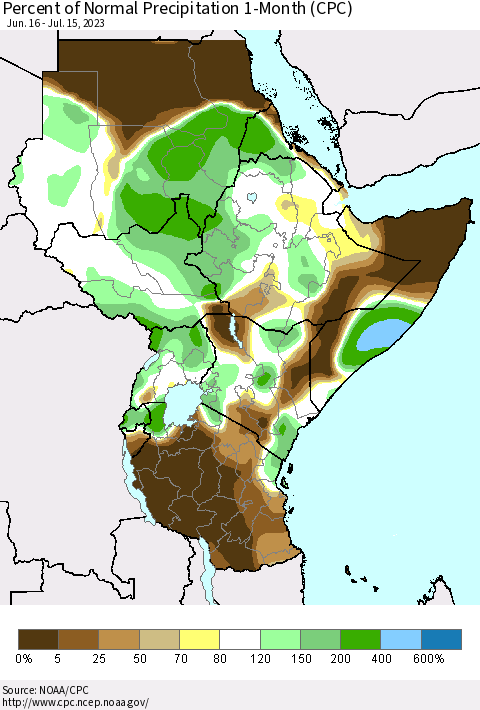 Eastern Africa Percent of Normal Precipitation 1-Month (CPC) Thematic Map For 6/16/2023 - 7/15/2023