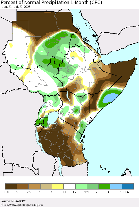 Eastern Africa Percent of Normal Precipitation 1-Month (CPC) Thematic Map For 6/21/2023 - 7/20/2023