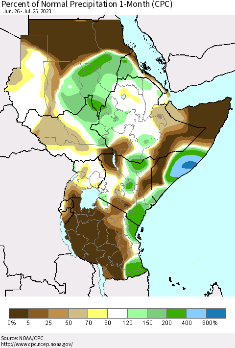 Eastern Africa Percent of Normal Precipitation 1-Month (CPC) Thematic Map For 6/26/2023 - 7/25/2023