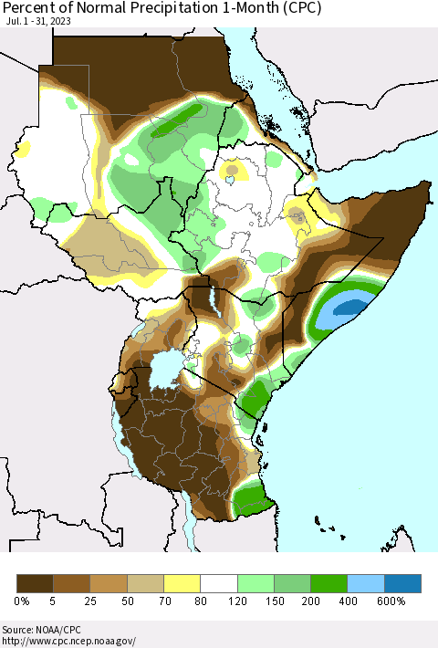 Eastern Africa Percent of Normal Precipitation 1-Month (CPC) Thematic Map For 7/1/2023 - 7/31/2023
