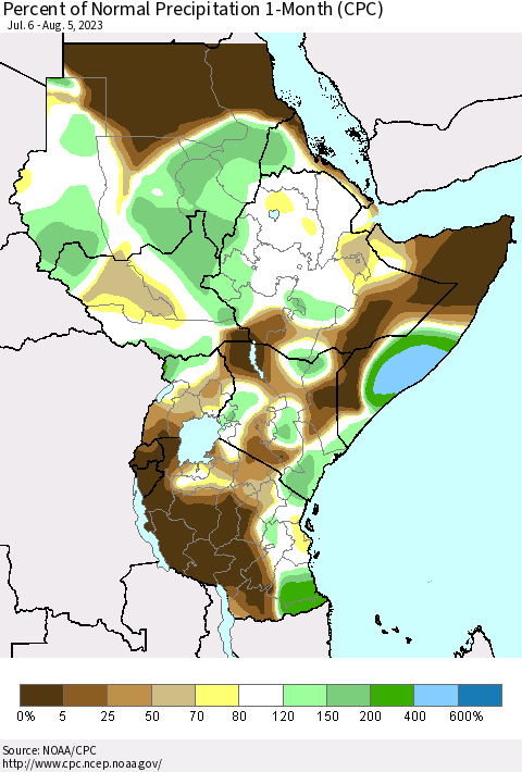 Eastern Africa Percent of Normal Precipitation 1-Month (CPC) Thematic Map For 7/6/2023 - 8/5/2023