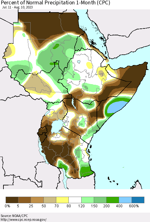 Eastern Africa Percent of Normal Precipitation 1-Month (CPC) Thematic Map For 7/11/2023 - 8/10/2023
