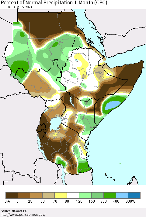 Eastern Africa Percent of Normal Precipitation 1-Month (CPC) Thematic Map For 7/16/2023 - 8/15/2023