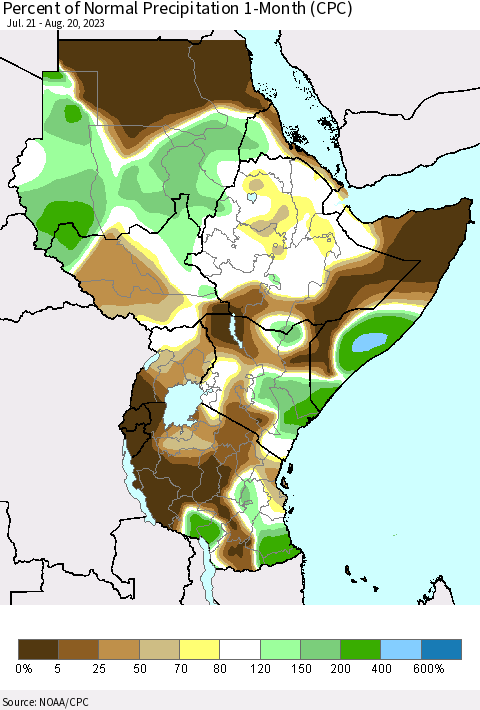 Eastern Africa Percent of Normal Precipitation 1-Month (CPC) Thematic Map For 7/21/2023 - 8/20/2023