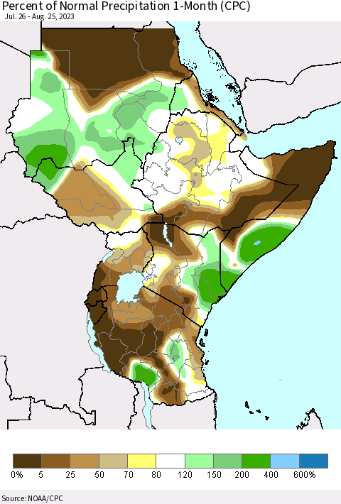 Eastern Africa Percent of Normal Precipitation 1-Month (CPC) Thematic Map For 7/26/2023 - 8/25/2023