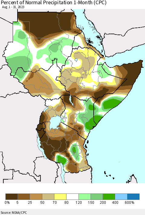Eastern Africa Percent of Normal Precipitation 1-Month (CPC) Thematic Map For 8/1/2023 - 8/31/2023