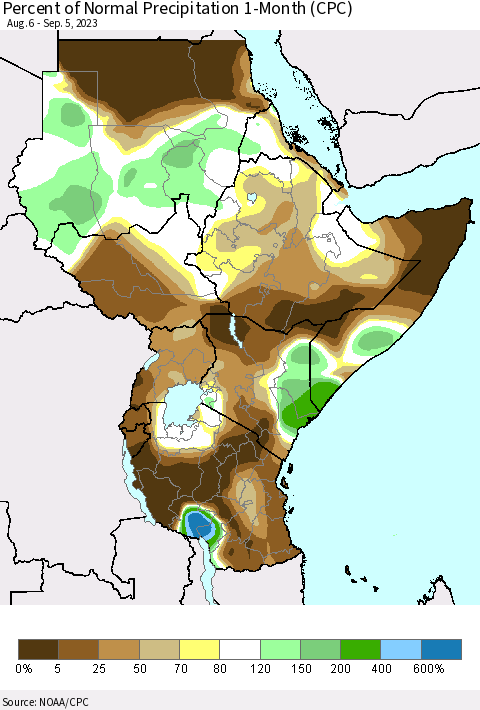Eastern Africa Percent of Normal Precipitation 1-Month (CPC) Thematic Map For 8/6/2023 - 9/5/2023