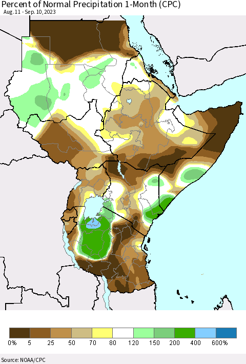 Eastern Africa Percent of Normal Precipitation 1-Month (CPC) Thematic Map For 8/11/2023 - 9/10/2023