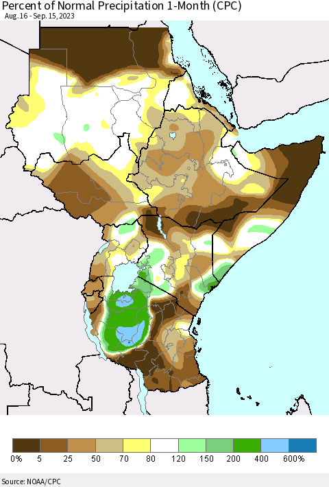 Eastern Africa Percent of Normal Precipitation 1-Month (CPC) Thematic Map For 8/16/2023 - 9/15/2023