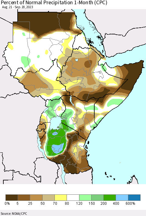Eastern Africa Percent of Normal Precipitation 1-Month (CPC) Thematic Map For 8/21/2023 - 9/20/2023