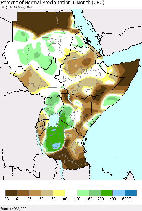 Eastern Africa Percent of Normal Precipitation 1-Month (CPC) Thematic Map For 8/26/2023 - 9/25/2023