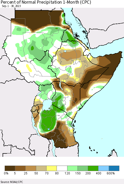 Eastern Africa Percent of Normal Precipitation 1-Month (CPC) Thematic Map For 9/1/2023 - 9/30/2023